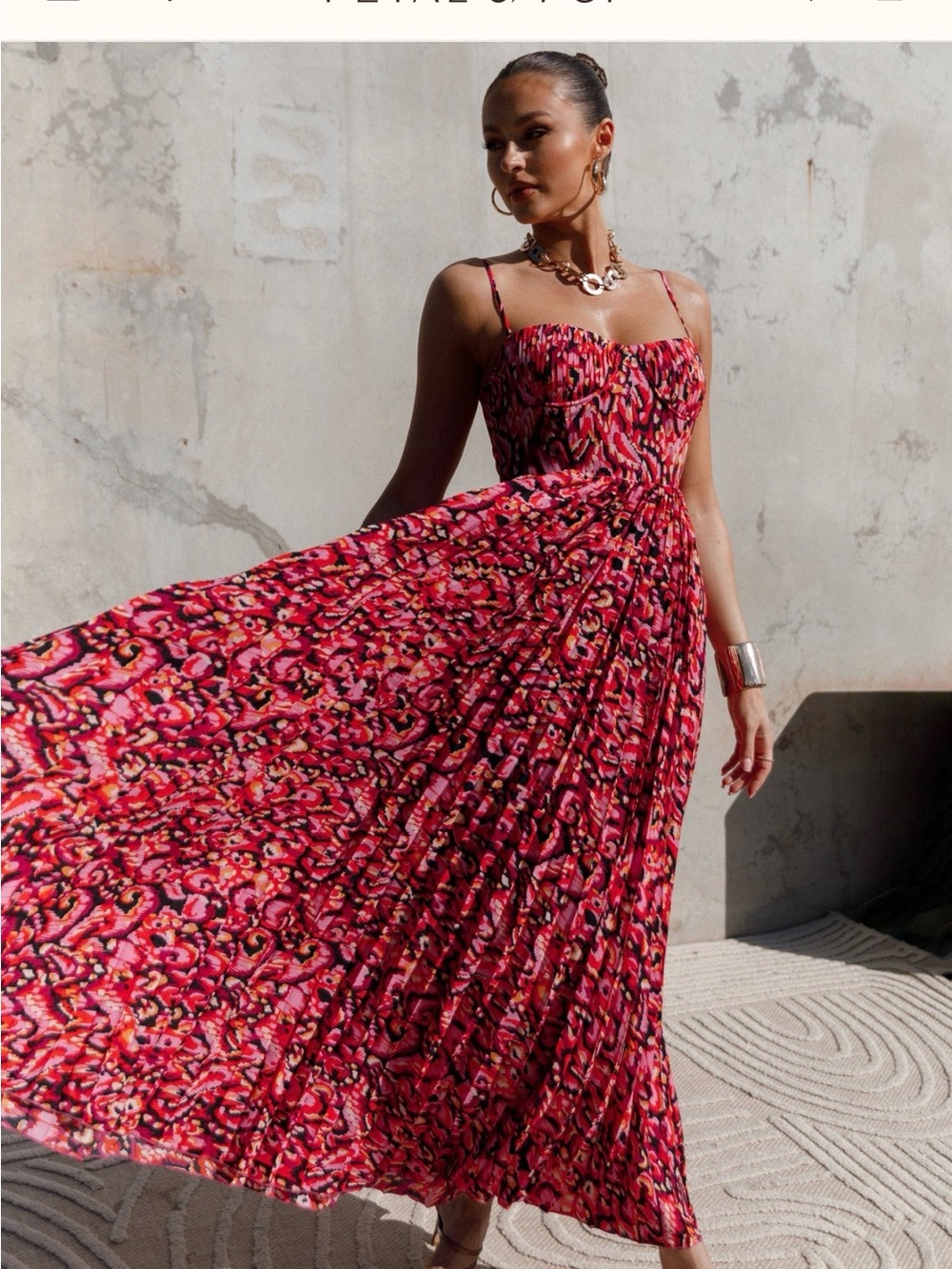 Petal & Pup Red and Pink Printed Pleated Maxi Dress